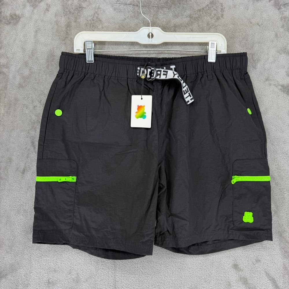 Teddy Fresh Cargo Shorts Mens M Black Neon Green Utility Streetwear NEW